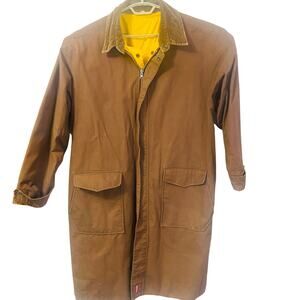 Marlboro Vintage Reversible Long Raincoat Brown Yellow Pockets Zip Closure Sz M